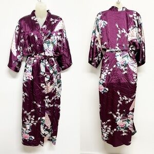 Old Shanghai Womens Dark Purple Peacock Feather Floral Print Belted Kimono Sz OS